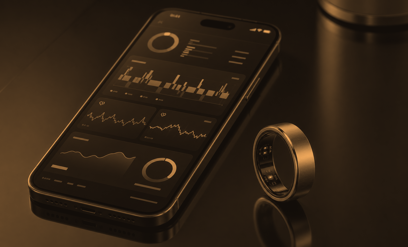 A smart ring beside a phone showing abstract biometric charts